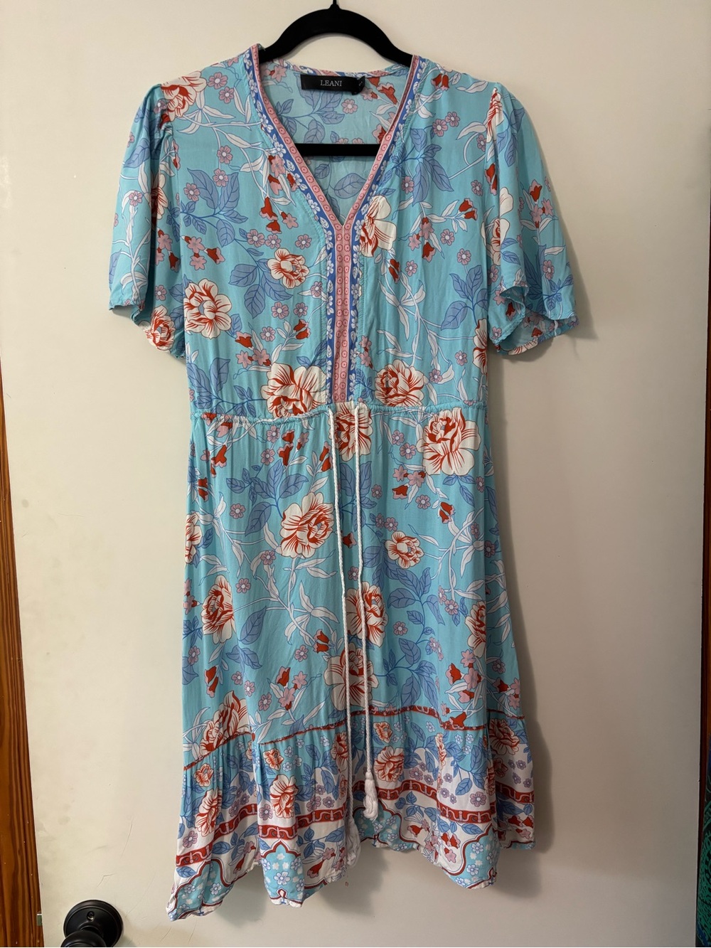 LEANI Light Blue Boho Floral V-Neck Tassel Summer Dress - Size S